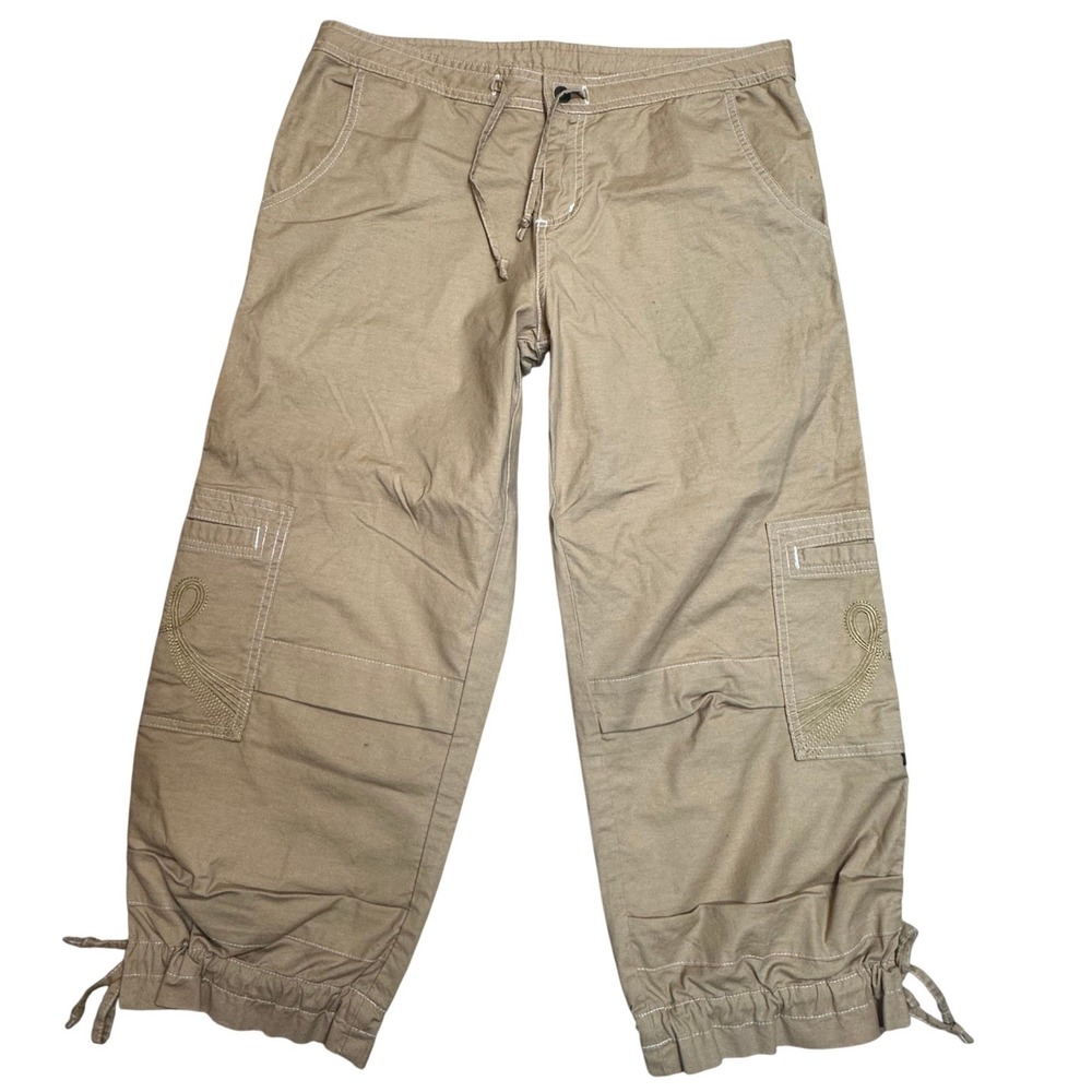 PrAna Cargo Capri Pants Tan Drawstring Waist Embroidered Women's M